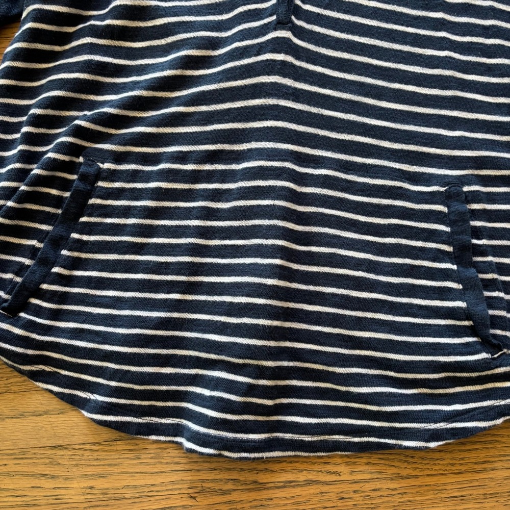 J. Jill Navy Blue White Striped Henley Hoodie Top Womens Medium Petite MP Pocket - Picture 2 of 7
